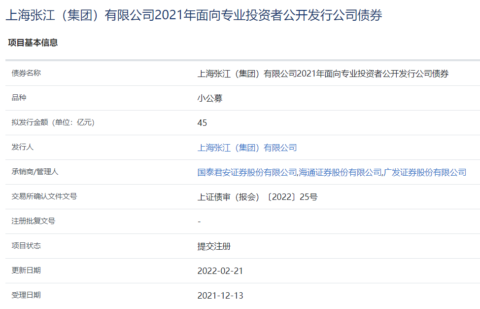 张江高科45亿元小公募公司债券在上交所提交注册_中国网地产